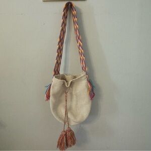 Ivory Woven Neon Tassel Bucket Thick Shoulder Bag Pink Blue Orange Purple